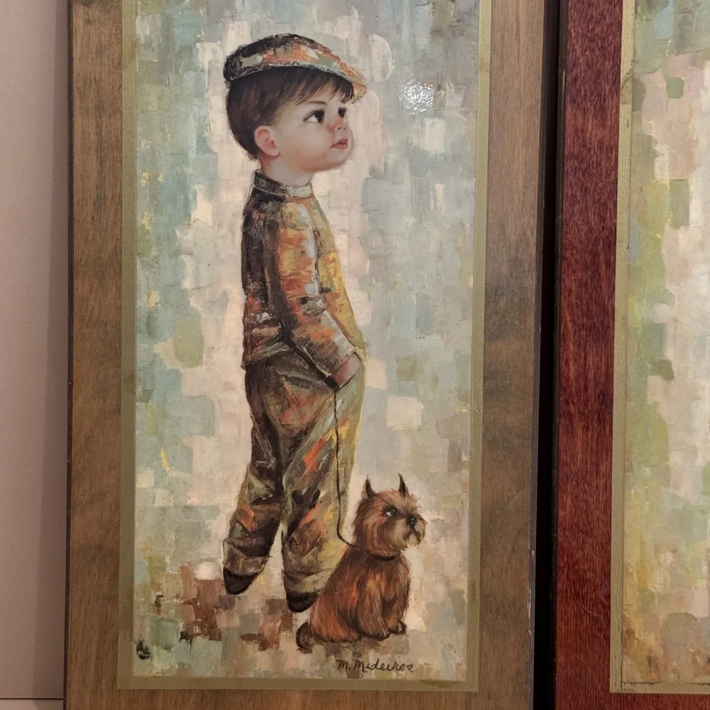 Mid Century Medeiros Girl with Cat and Boy with Dog Big Eye Wall Art - Picture 4 of 13